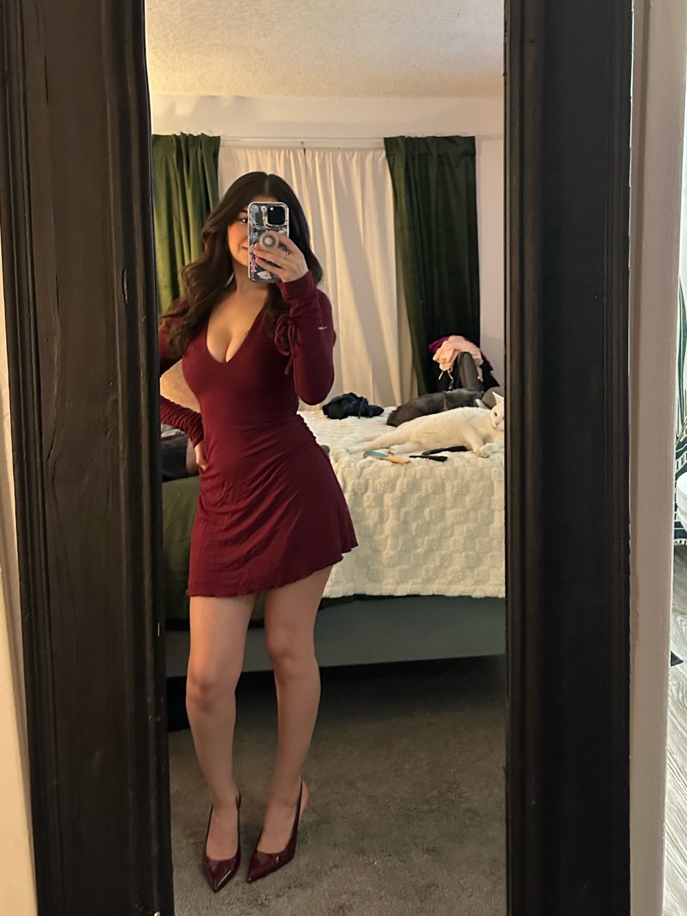 Oh Polly Deep V Burgundy Dress